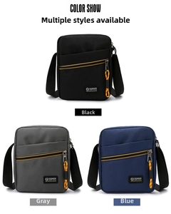Detail view of the men's casual messenger bag in black, grey, and blue color options