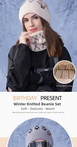 Detail view of winter knitted beanie and neck warmer set with warm plush lining