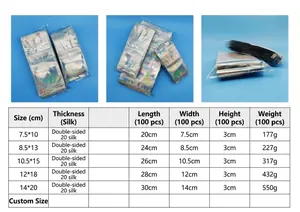 Detailed sizing chart for holographic resealable jewelry pouches and storage bags