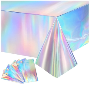 Detail of holographic rainbow table runner with shiny metallic finish for party decor