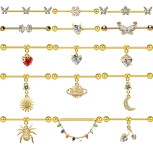 Industrial Barbell Ear Piercing Stainless Steel Cubic Zirconia Butterfly Heart Star Sun Spider Cartilage Earring Fashion