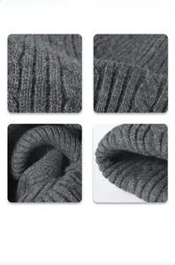Detail showing high-quality dark gray ribbed knit texture and thick wool blend material