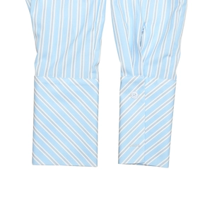 Detail of striped blue shirt cuffs showing vertical and diagonal patterns with white buttons