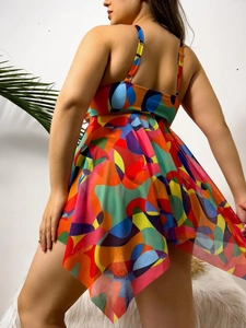 Sexy Zweiteiler Badeanzug Übergröße mit abstraktem Print und unregelmäßigem Netzhaut-Saum