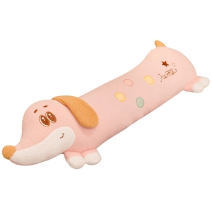 Pink plush dachshund long pillow toy with orange ears and colorful polka dots