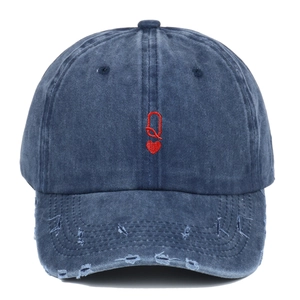 Distressed Washed Cotton Baseball Cap Vintage Poker Heart K Q Embroidery Adjustable Sun Protection Hat For Men Women