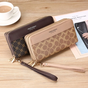 Women long double zipper wallet with vintage floral and classic pattern and hand strap