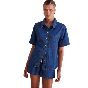 Women's vintage dark blue washed denim two-piece set with short sleeve shirt and shorts