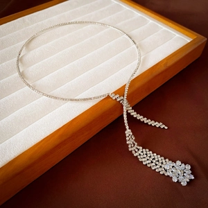 Macro detail of silver zircon tassels and marquise clusters on a long Y-shaped necklace