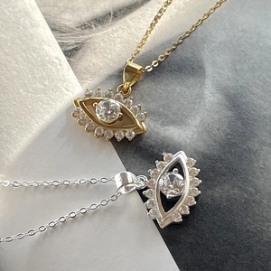 925 Sterling Silver Evil Eye Pendant Necklace with Clear Zirconia in Gold and Silver