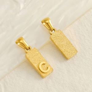 Polished gold rectangular pendant necklaces with sandblasted finish and letter C detail