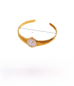 Detail view of gold watch-style bangle with dimensions and weight on white background