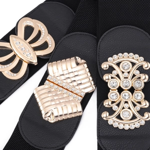 Women's wide elastic waist belt with decorative gold alloy rhinestone buckles