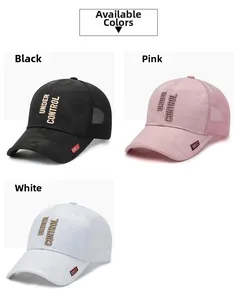 Detailed views of camouflage mesh baseball caps in black, pink, and white options
