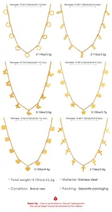 Size chart for stainless steel necklaces with heart, butterfly, and star pendant details