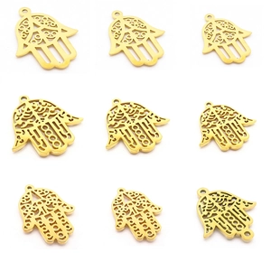 Set of 9 gold stainless steel Hand of Fatima hollow pendants in a 3x3 grid display