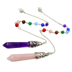 Chakra natural crystal stone hexagonal point yoga pendant necklaces in purple and pink