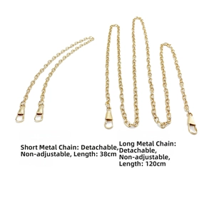 Detail of detachable gold metal chain straps in 38cm and 120cm lengths for evening bags