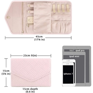 Pink quilted travel jewelry organizer bag shown folded and unfolded with dimensions