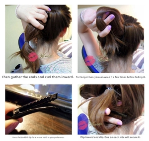 Detail showing a matte black duckbill hair clip securing a hair bun during styling process