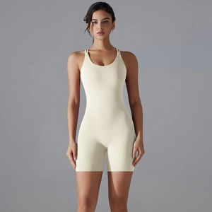 Detail of cross-back yoga bodysuit with matte fabric and high-elastic slimming fit