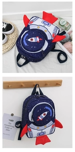 Detail of toddler rocket backpack with Space text, blue straps, and red fins on white background