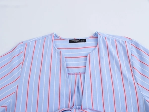 Detail of blue and red striped fabric with ZEAL WOMAN brand label on the shirt collar