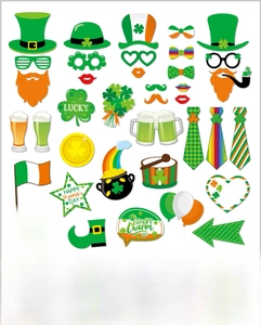 St. Patrick's Day photo booth props including green hats, beards and lucky signs