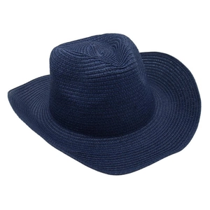 Detailed weave pattern of dark blue Panama straw sun hat with wide brim and top dent