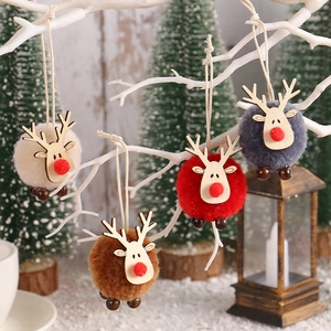 Christmas Reindeer Hanging Ornaments Plush Pompom Wooden Antler Tree Decor Festive Cute Deer Crafts For Home Holiday