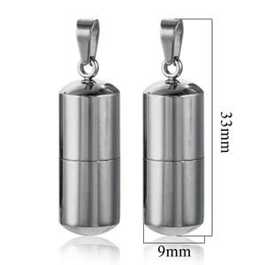 Detail view of a 33mm stainless steel capsule pendant with dimensions and dimensions markers