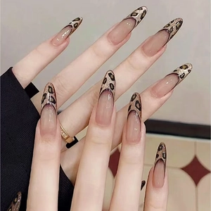 Lange Mandelform Press On Nägel Französisch Leopard Print Champagner Glitzer ABS Kunststoff Künstliche Nägel