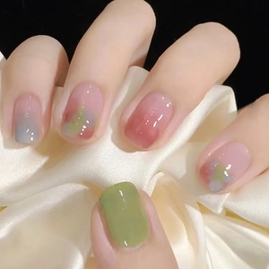 Faux Ongles À Presser Courts Carrés Dégradé Aquarelle Style Été Frais Ongles Artificiels Avec Colle