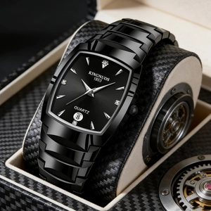 Close-up of black square quartz watch with date display in carbon fiber box