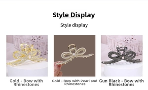 Detailed comparison of bow hair claws in gold and gun black with rhinestones and pearls