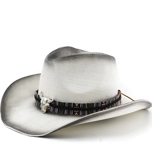 Western Cowboy Straw Hat Women Men Wide Brim Sunshade Gradient Spray Ethnic Band Bull Skull Decor Summer Outdoor Beach