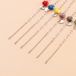 Adjustable stainless steel chain bracelets with colorful geometric beads and heart charms