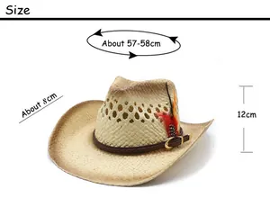 Size guide for straw cowboy hat showing 58cm head girth, 8cm brim, and 12cm height