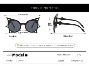 Detailed size chart for butterfly rhinestone sunglasses showing frame width and lens height