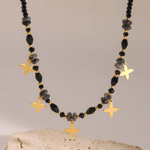 Handmade 18k gold plated beaded necklace with black stones and star charms