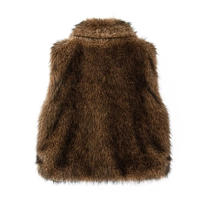 Detailed back view of a brown faux fur vest with long plush texture on white background
