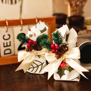 Close-up of festive gift box with pine cones, red berries and Merry For You ribbon decoration