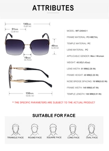 Detailed size specifications for oversized gradient purple sunglasses with metal temples