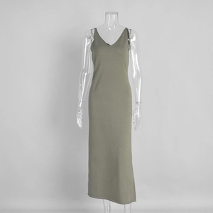 Detail view of olive green V-neck sleeveless slim maxi dress with elastic fabric texture