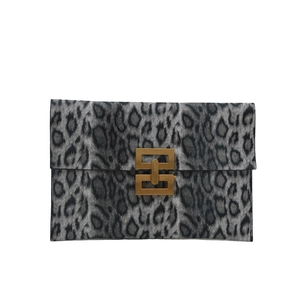 Elegant black and white leopard print envelope clutch bag with gold metallic buckle