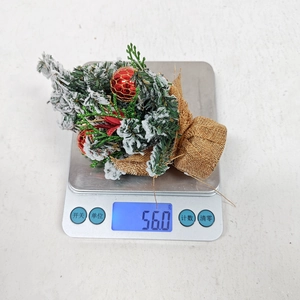 Mini Christmas tree with pine needles, red bow and fake snow on a scale weighing 56 grams