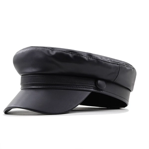 Classic black leather newsboy cap for women with vintage octagonal baker boy style