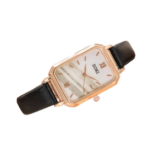 Women's rectangular rose gold quartz watch with marble dial and black leather strap