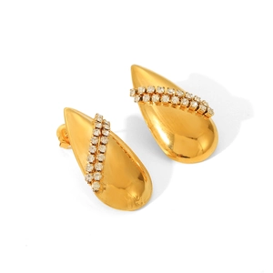 Detailed view of teardrop earrings in 18k gold finish with double row pavé zircons