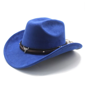 Detail of royal blue felt cowboy hat featuring a brown band with bull skull ornament
